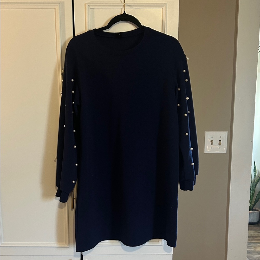 SHEIN Dark Blue Mini Dress with Pearl Details